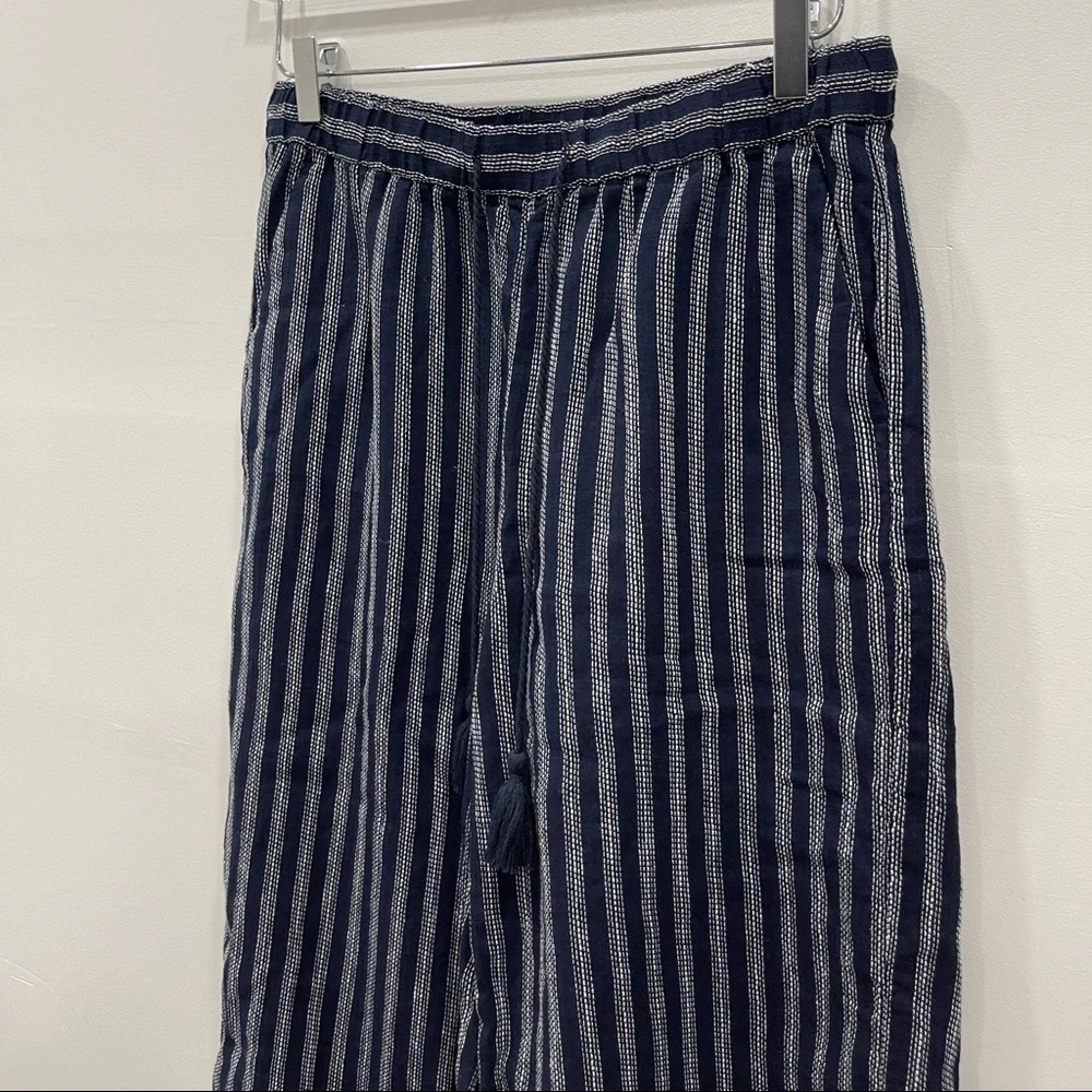 Banana Republic Wide Leg Crop Pants Navy Stripe Linen Size Drawstring Tassel S